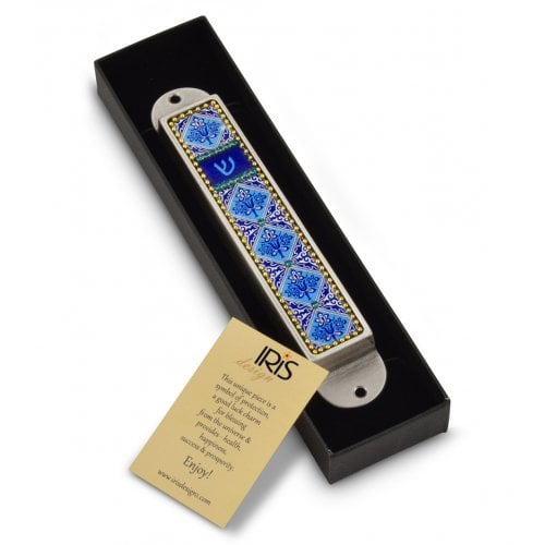 Iris Design Handcrafted Pewter & Enamel Beaded Mezuzah Case - Blue Flowers