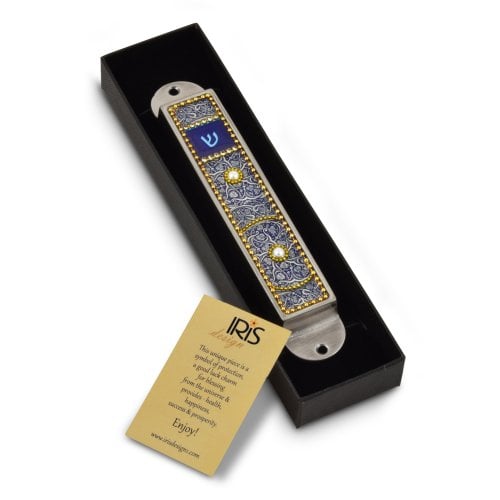 Iris Design Handcrafted Pewter & Enamel Beaded Mezuzah Case - Dark Blue Swirls