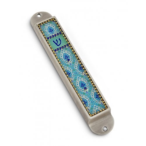 Iris Design Handcrafted Pewter & Enamel Beaded Mezuzah Case - Floral Ovals