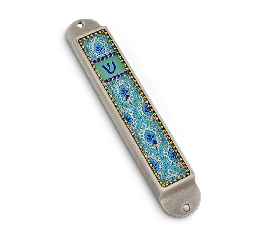 Iris Design Handcrafted Pewter & Enamel Beaded Mezuzah Case - Floral Ovals