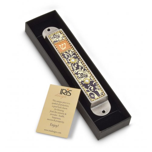 Iris Design Handcrafted Pewter & Enamel Beaded Mezuzah Case - Florals on Black