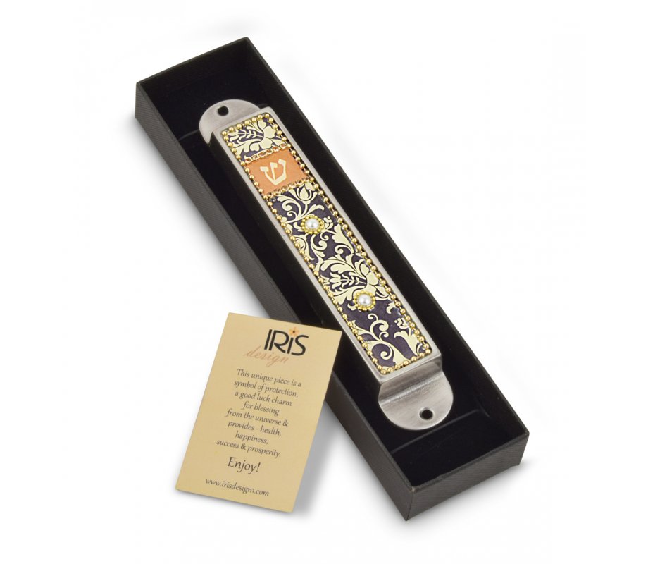 Iris Design Handcrafted Pewter & Enamel Beaded Mezuzah Case - Florals on Black