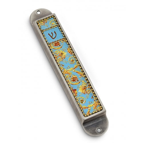 Iris Design Handcrafted Pewter & Enamel Beaded Mezuzah Case - Golden Swirls