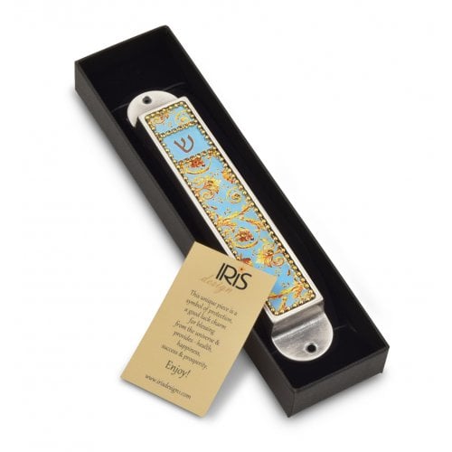 Iris Design Handcrafted Pewter & Enamel Beaded Mezuzah Case - Golden Swirls