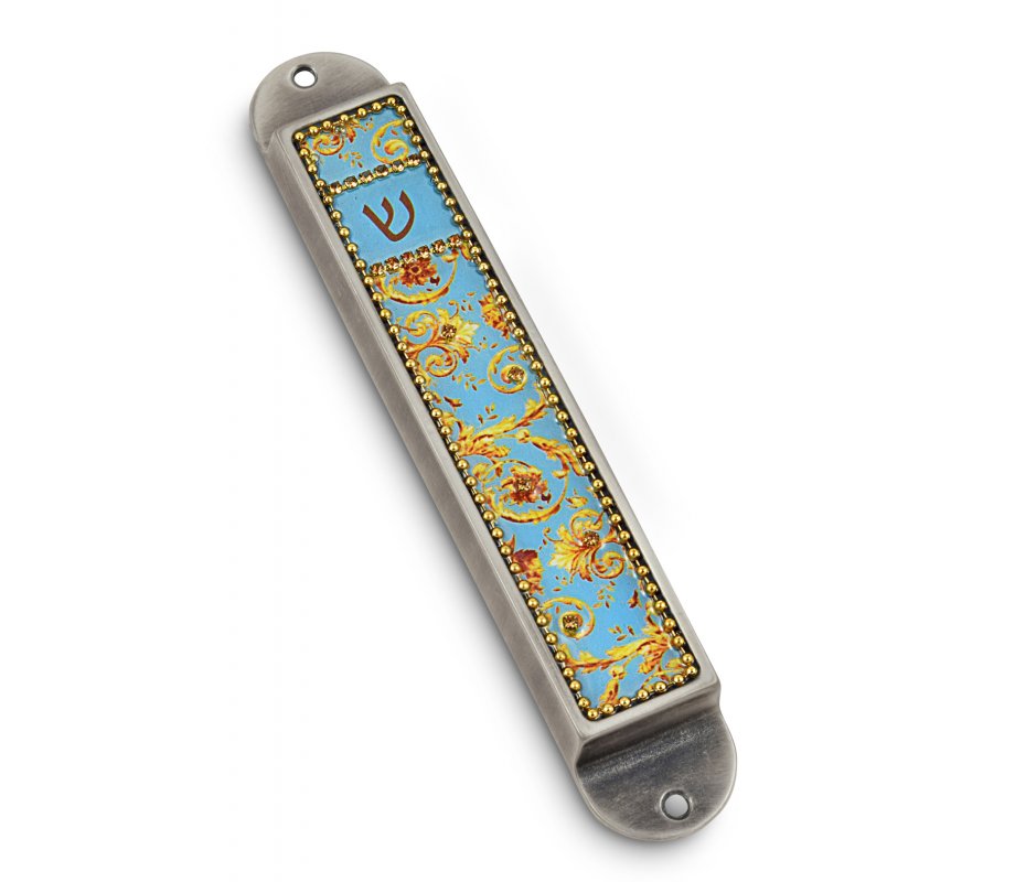 Iris Design Handcrafted Pewter & Enamel Beaded Mezuzah Case - Golden Swirls
