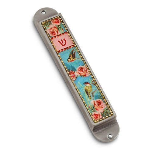 Iris Design Handcrafted Pewter Enamel Beaded Mezuzah Case - Roses and Birds