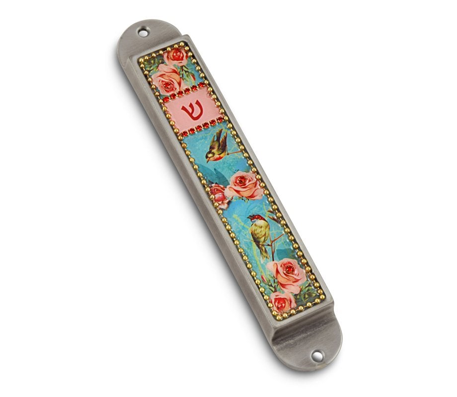 Iris Design Handcrafted Pewter Enamel Beaded Mezuzah Case - Roses and Birds