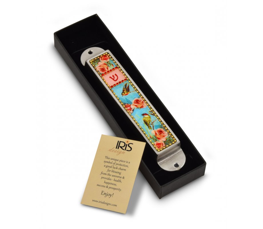 Iris Design Handcrafted Pewter Enamel Beaded Mezuzah Case - Roses and Birds