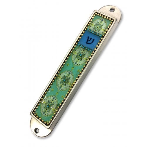 Iris Design Handcrafted Pewter Enamel Mezuzah Case - Oriental Design