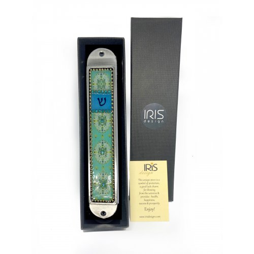 Iris Design Handcrafted Pewter Enamel Mezuzah Case - Oriental Design