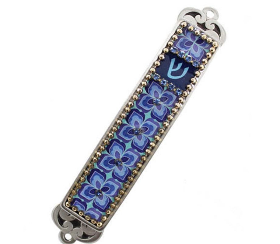 Iris Design Handcrafted Pewter and Enamel Beaded Mezuzah Case, Blue - Flowers