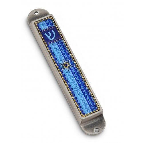 Iris Design Handcrafted Pewter and Enamel Beaded Mezuzah Case, Blue - Star of David