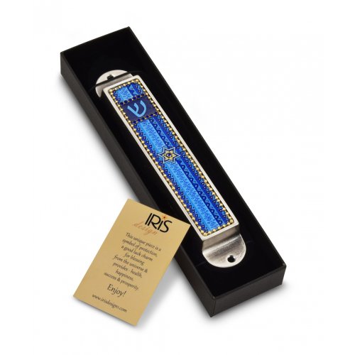 Iris Design Handcrafted Pewter and Enamel Beaded Mezuzah Case, Blue - Star of David