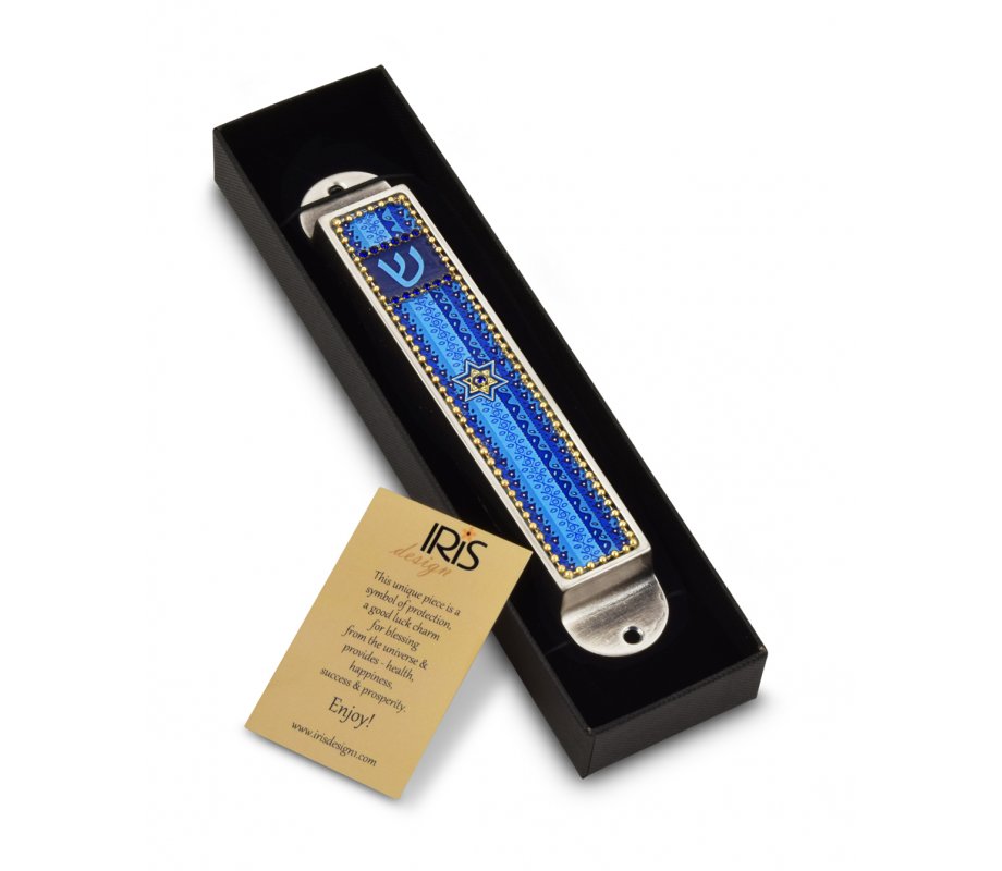 Iris Design Handcrafted Pewter and Enamel Beaded Mezuzah Case, Blue - Star of David