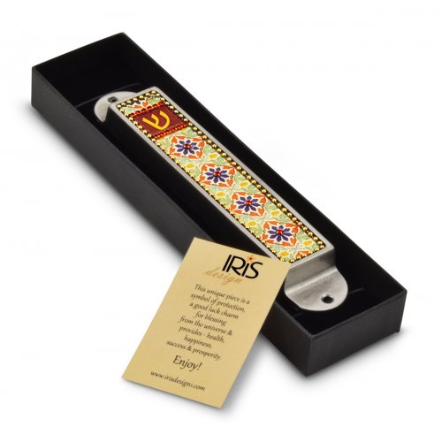 Iris Design Handmade Pewter Enamel Beaded Mezuzah Case - Flowers