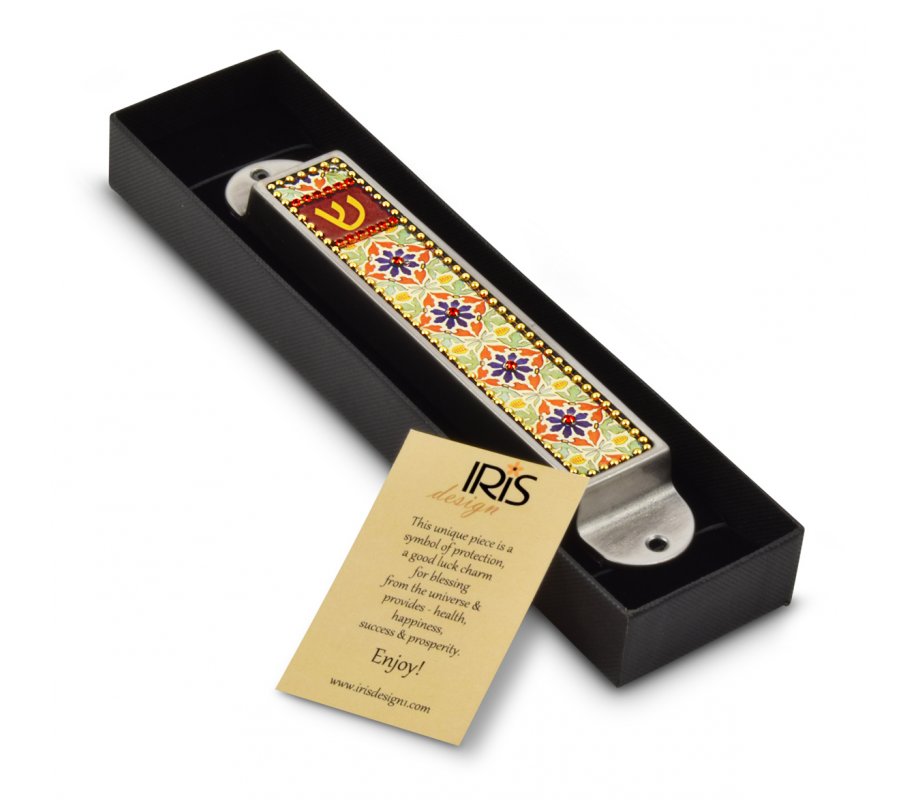 Iris Design Handmade Pewter Enamel Beaded Mezuzah Case - Flowers