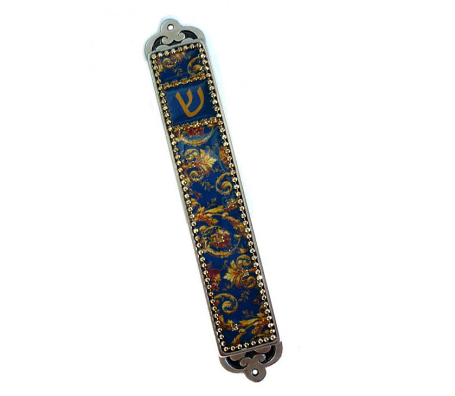 Iris Design Mezuzah Case, Hand Painted Enamel on Pewter, Beaded - Blue and Gold