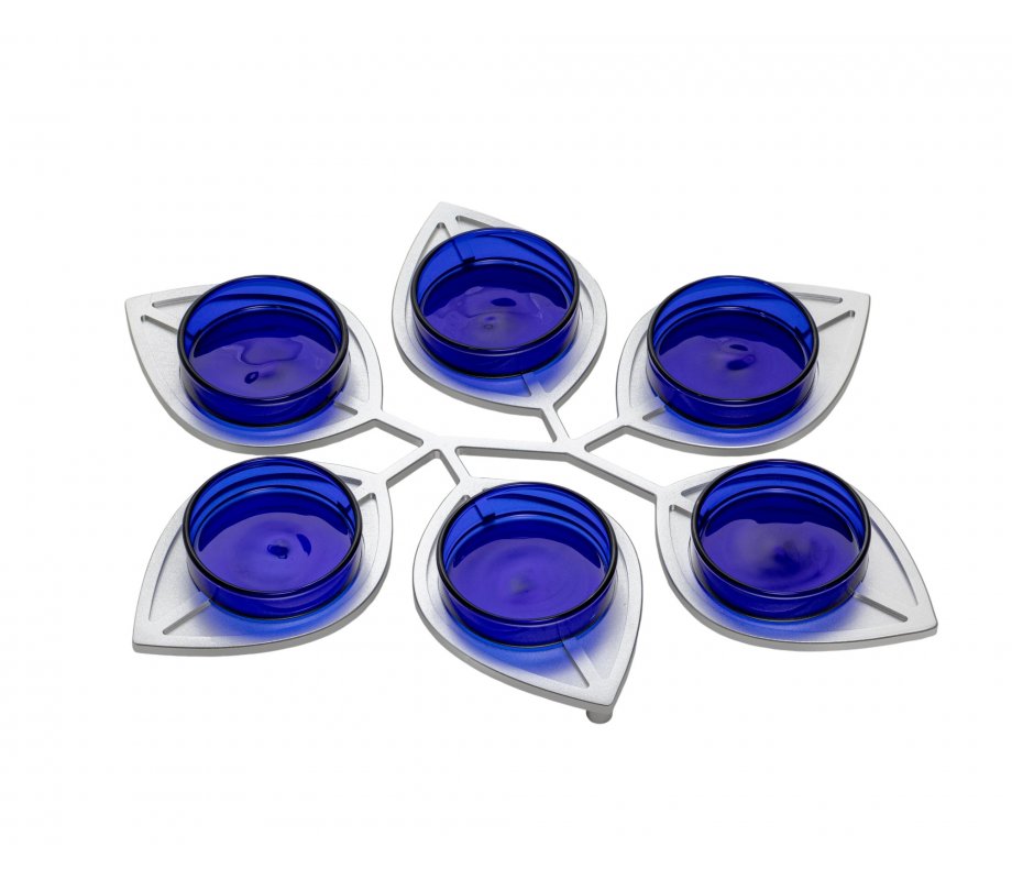 Israel Museum Anodized Aluminum Passover Seder Plate - Leaf Design with Blue Glass Plates