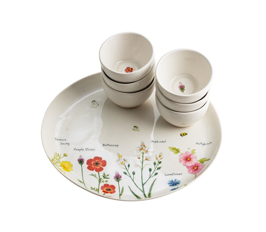 Israel Museum Ceramic Passover Seder Plate with 6 Matching Dishes - Colorful Flowers
