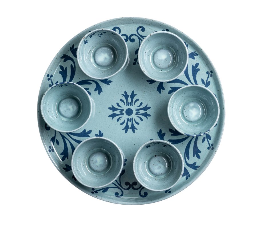 Israel Museum Porcelain Passover Seder Plate and Matching Dishes - Blue Floral Design