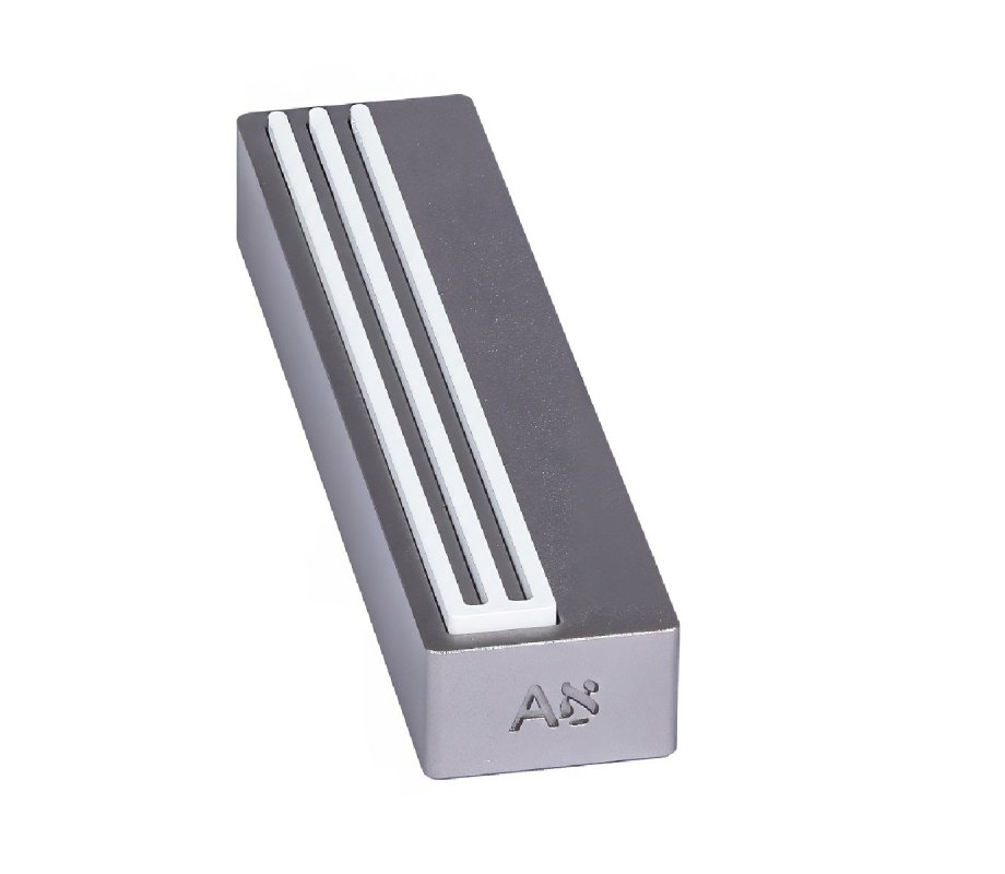Israel Museum Small Metal Mezuzah Case, Modern Shin Design - White on Gray