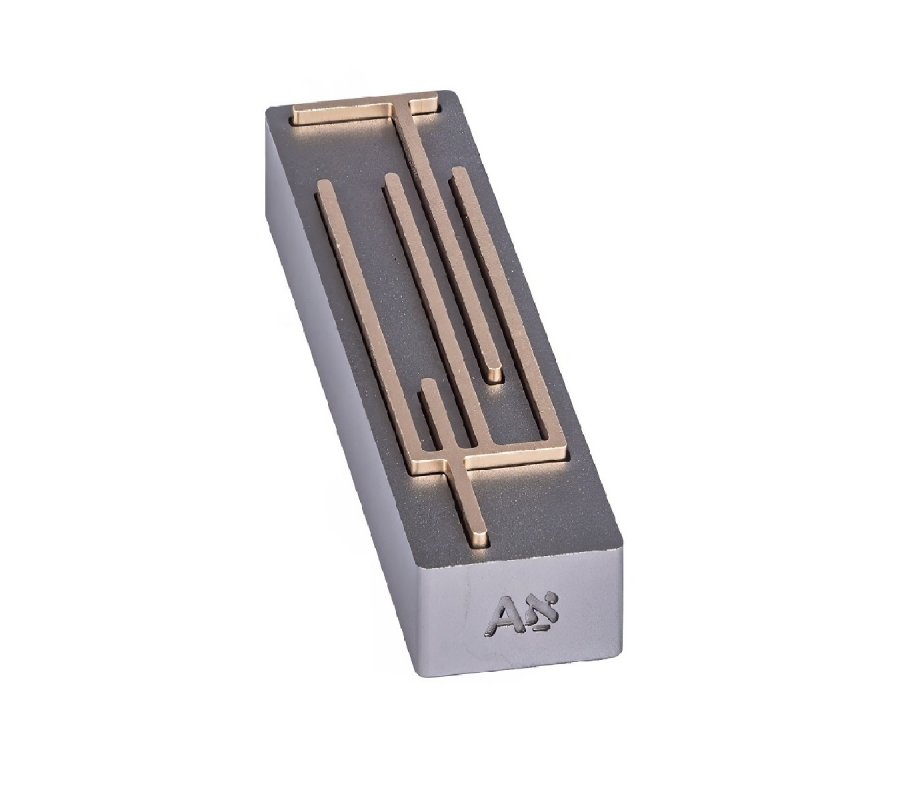 Israel Museum Small Metal Mezuzah Case, Shin Daled Yud - Champagne Color on Gray