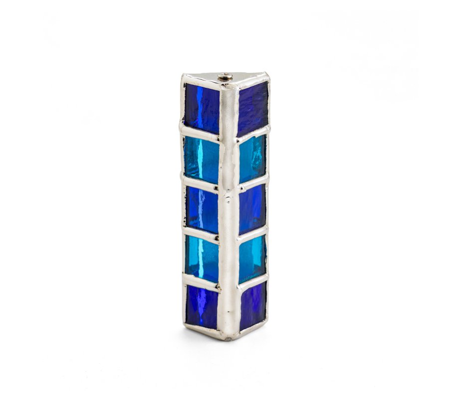 Israel Museum Small Metal Mezuzah Case, With Blue Glass Tiles