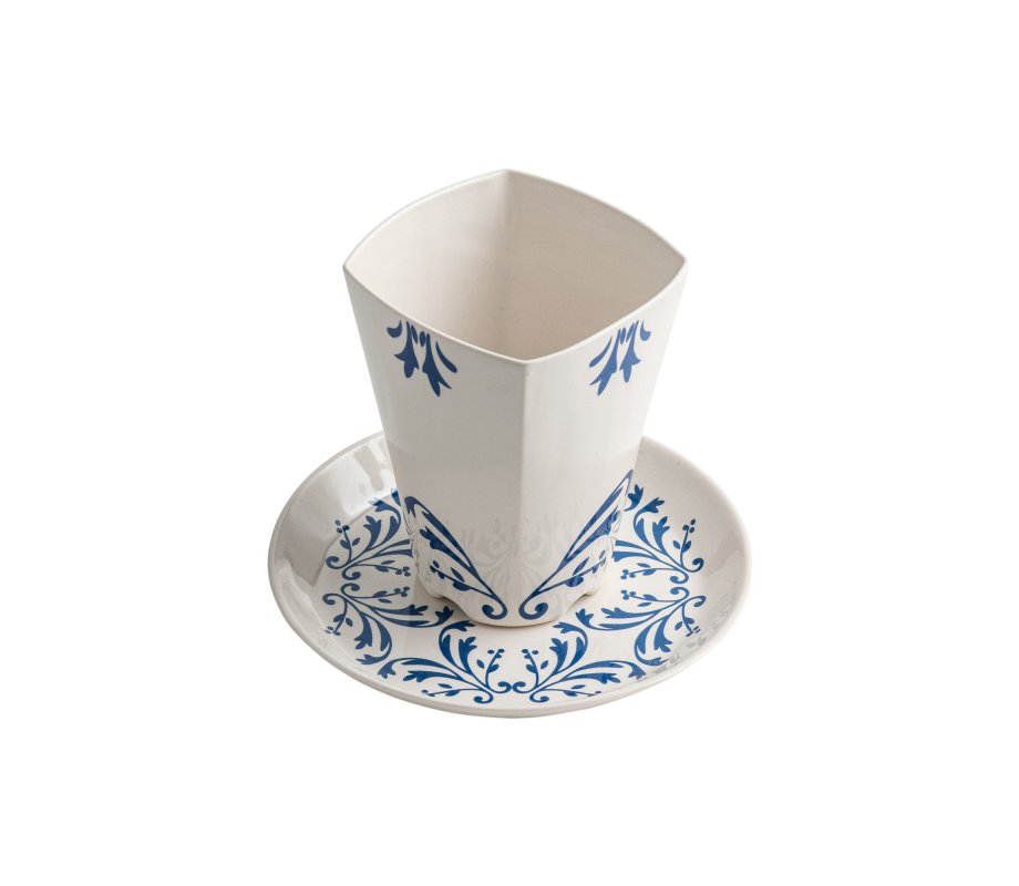 Israel Museum Square Ceramic Kiddush Cup and Plate - Blue Flowers