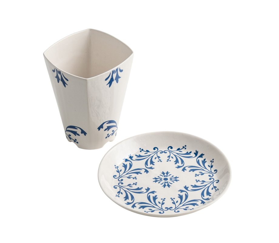 Israel Museum Square Ceramic Kiddush Cup and Plate - Blue Flowers