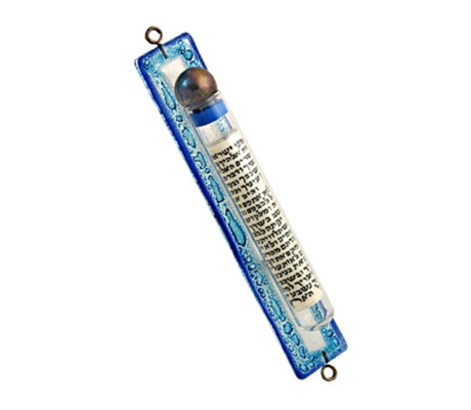 Itay Mager Blue Fused Glass Mezuzah Case - Scroll Decoration