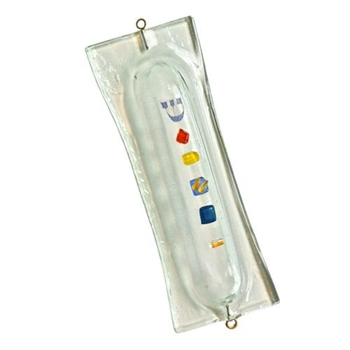 Itay Mager Fused Glass Mezuzah Case – Off White with Colored Glass Decorations