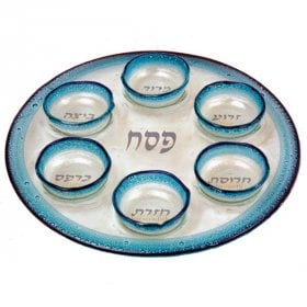 13.5 x 9.5 Passover Stoneware Seder Plate With 6 Small dishes in Turquoise/Blue Colors Plate Size