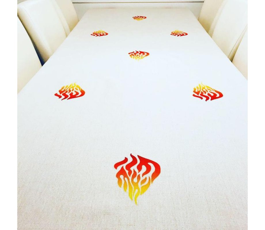 Ivory Colored Tablecloth Decorated with Breslev Flame Design - Haésh Sheli
