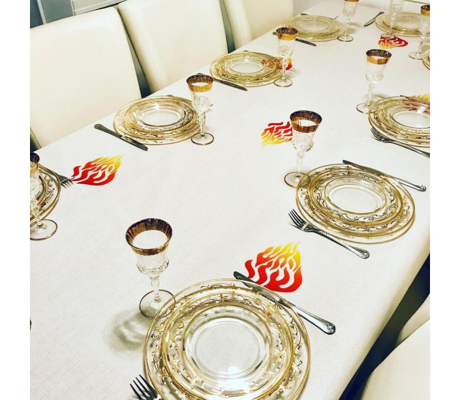 Ivory Colored Tablecloth Decorated with Breslev Flame Design - Haésh Sheli