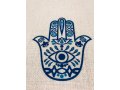 Ivory Colored Tablecloth Decorated with Hamsas and Protective Eye - Blue