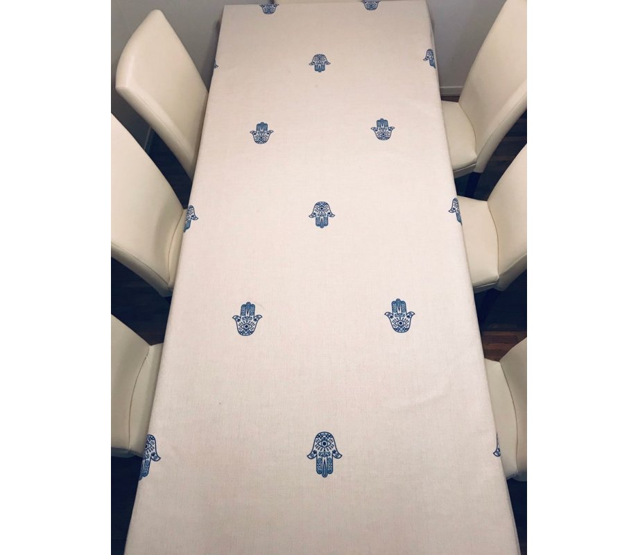 Ivory Colored Tablecloth Decorated with Hamsas and Protective Eye - Blue
