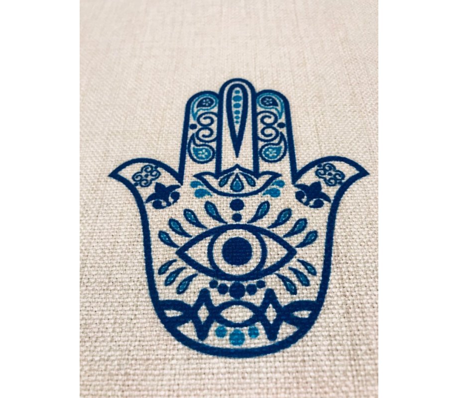 Ivory Colored Tablecloth Decorated with Hamsas and Protective Eye - Blue
