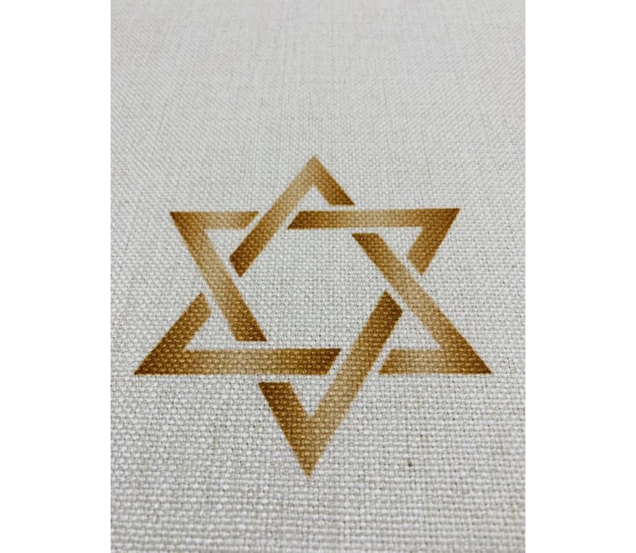 Ivory Colored Tablecloth with Shabbat Shalom & Judaic Symbols - Gold