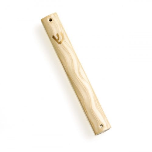 Ivory Mezuzah Case with Wave Design, Gold Shin - for 12 cm or 15 cm Scroll