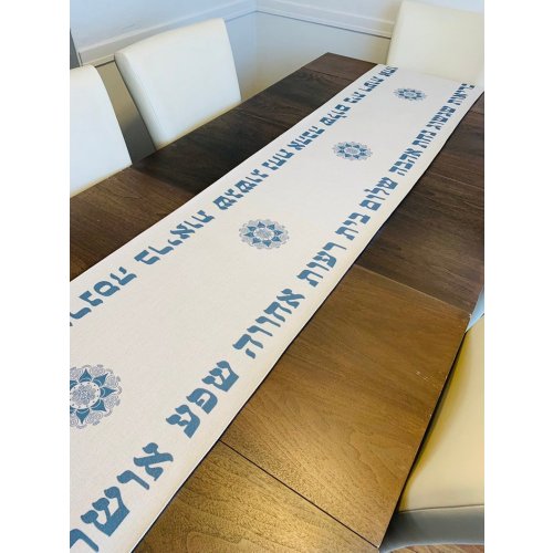 Ivory Table Runner with Hebrew Blessings and Mandala Design in Gray-Blue