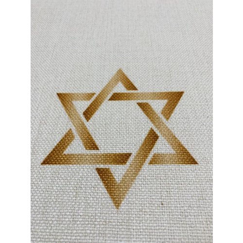 Ivory Tablecloth with Gold Judaica Symbols and Shabbat Shalom