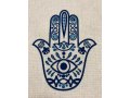 Ivory-Colored Table Runner with Hamsa Hand Design and Protective Eye - Blue