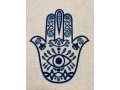 Ivory-Colored Table Runner with Hamsa Hand Design and Protective Eye - Blue