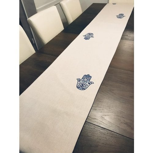 Ivory-Colored Table Runner with Hamsa Hand Design and Protective Eye - Blue