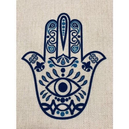 Ivory-Colored Table Runner with Hamsa Hand Design and Protective Eye - Blue