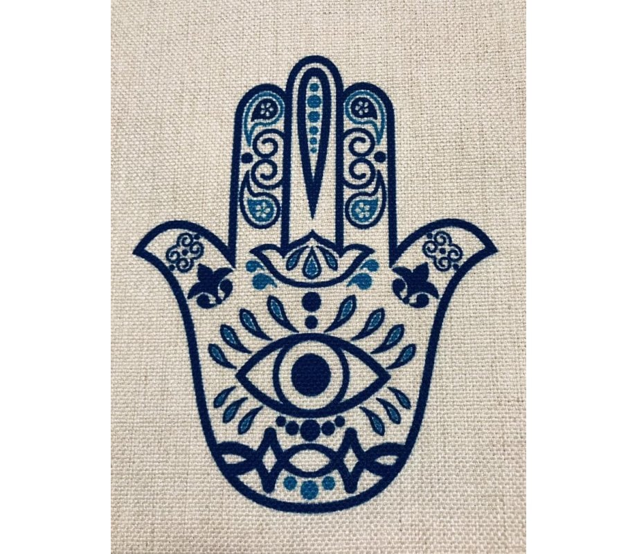 Ivory-Colored Table Runner with Hamsa Hand Design and Protective Eye - Blue