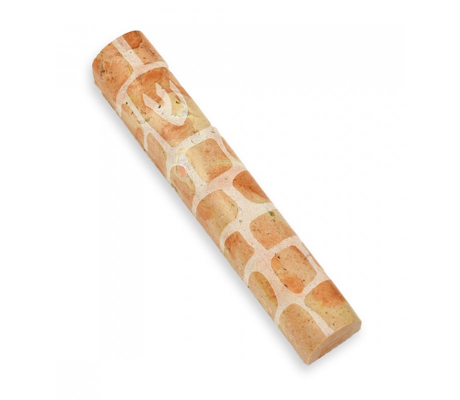 Jerusalem Stone Mezuzah Case with Western Wall Image, Brown and White - 4.3