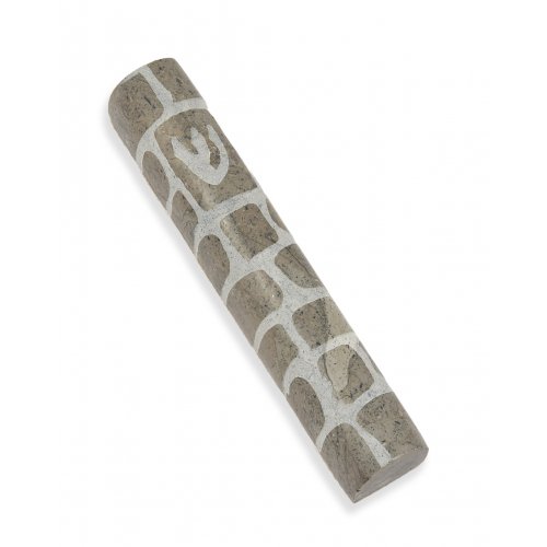 Jerusalem Stone Mezuzah Case with Western Wall Image, Gray and White - 4.3