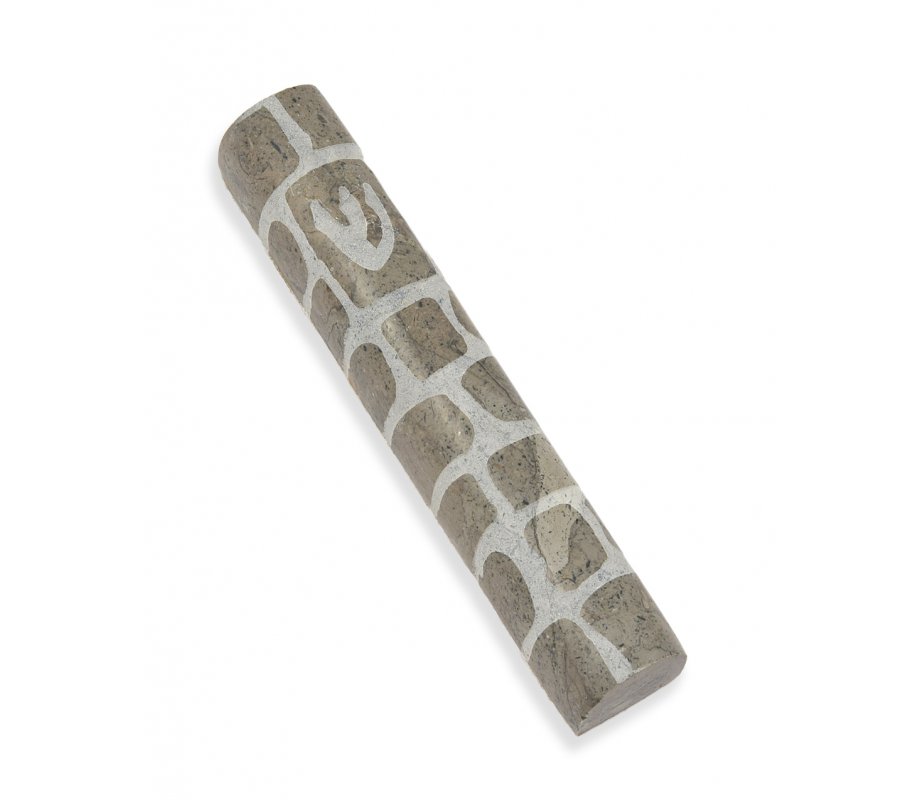 Jerusalem Stone Mezuzah Case with Western Wall Image, Gray and White - 4.3
