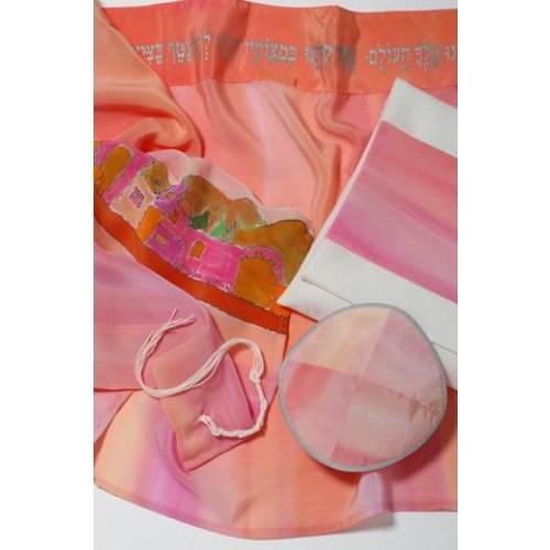 Jerusalem on Peach Silk Tallit by Galilee Silks